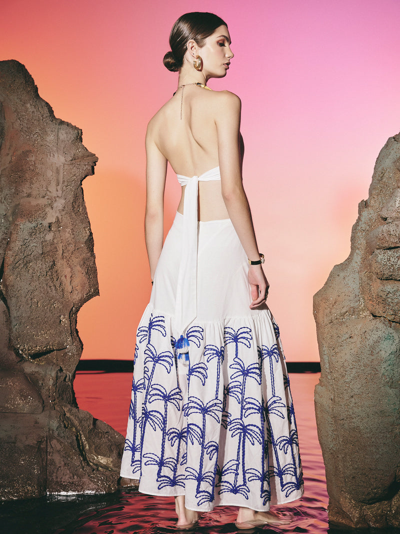 Palm Broided Bambou  Dress White | فستان نسائي