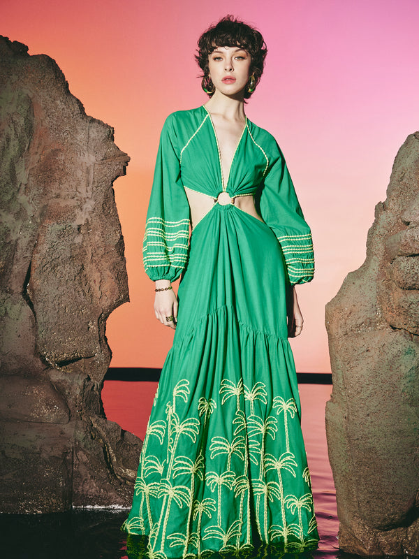 Cutout Ring Palm Broided Dress Green | فستان نسائي