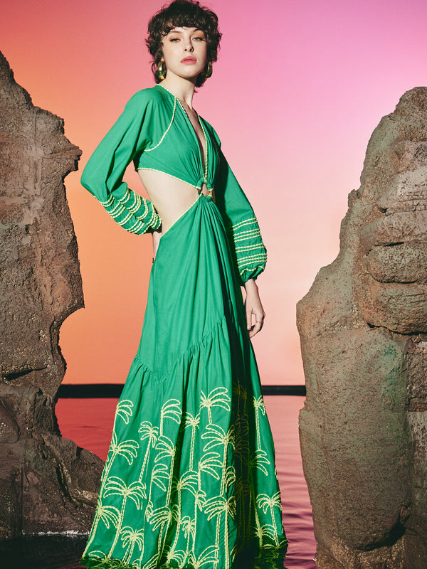 Cutout Ring Palm Broided Dress Green | فستان نسائي