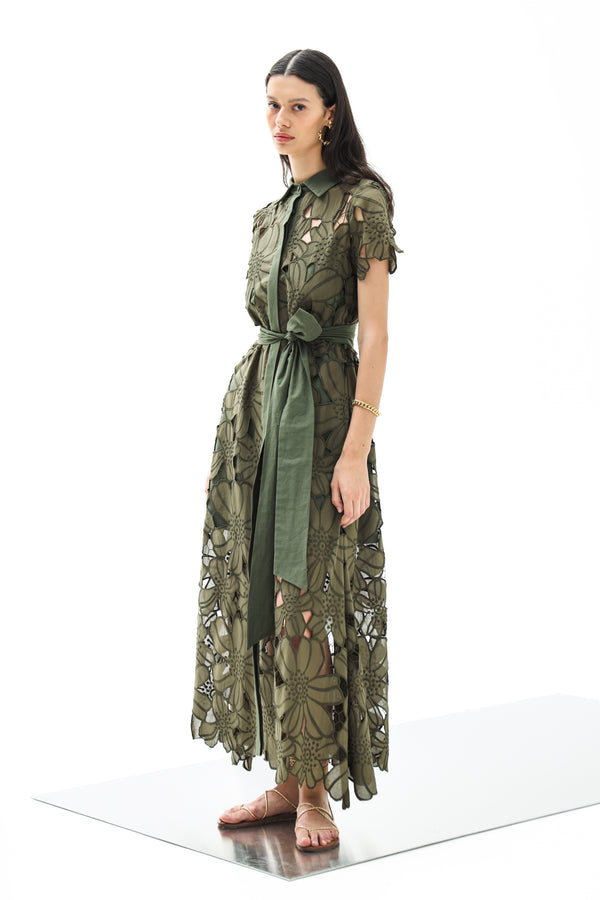 Shirt Dress Anafi Petunia Long Lace Althea Pesto | فستان نسائي
