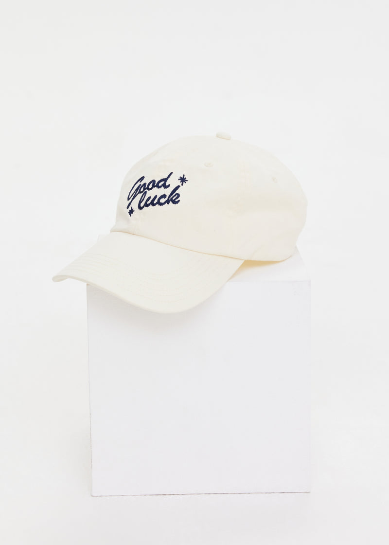 Chic 'Good Luck' Embroidered Soft Cream Cotton Cap - Adjustable, Retro Style
