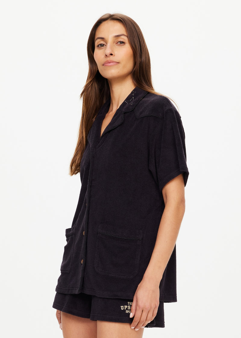 The Upside Women's Black Hemp Cotton Saddle Up Collared Shirt
