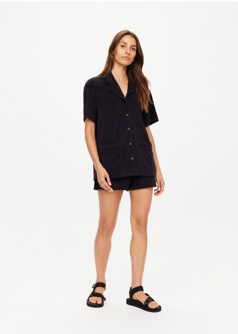 The Upside Women's Black Hemp Cotton Saddle Up Collared Shirt