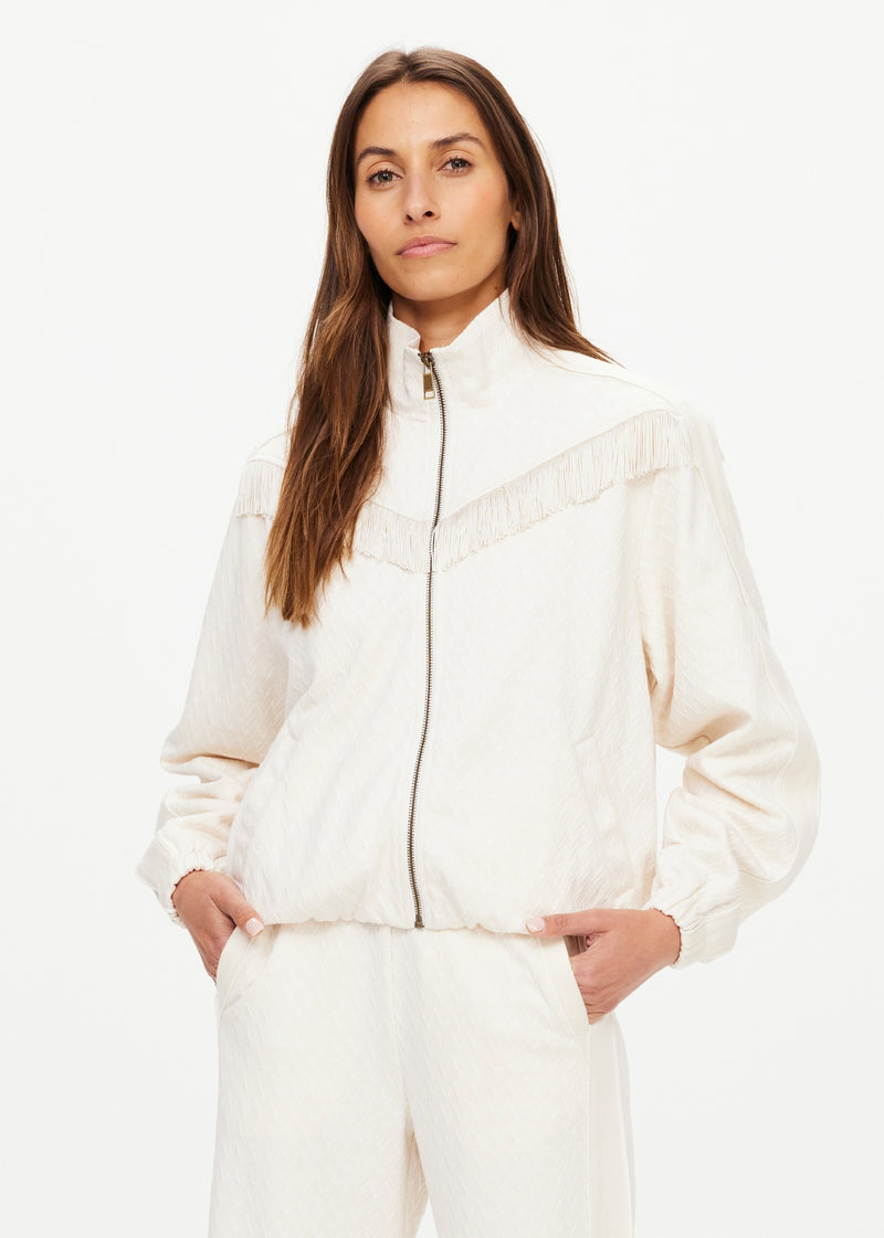The Upside Bow N Arrow Fringe Zip Jacket Women's Natural Knit Fringe Zip Up Jacket