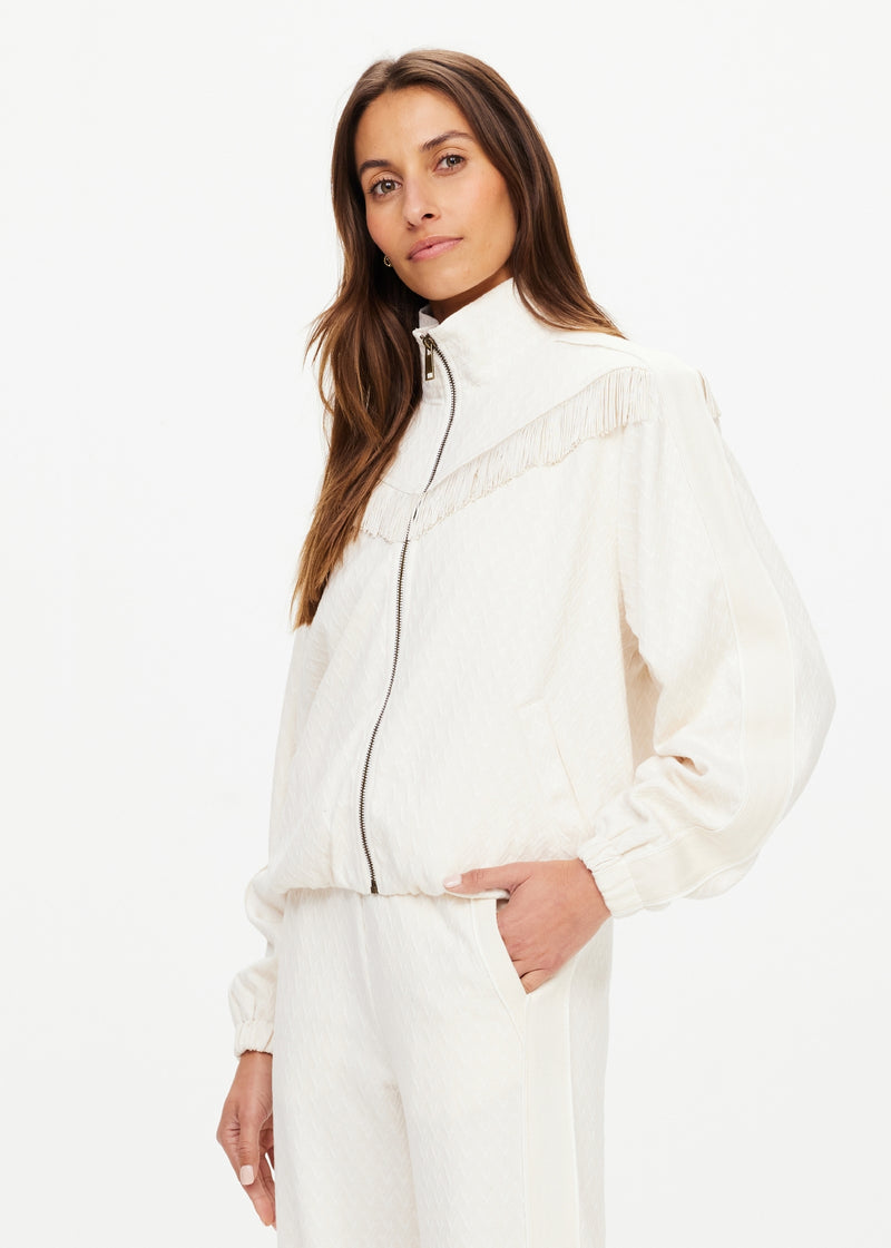 The Upside Bow N Arrow Fringe Zip Jacket Women's Natural Knit Fringe Zip Up Jacket