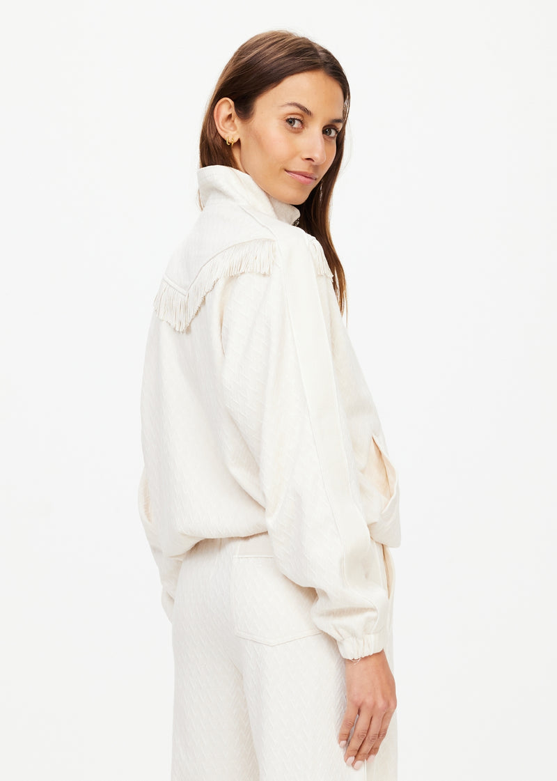 The Upside Bow N Arrow Fringe Zip Jacket Women's Natural Knit Fringe Zip Up Jacket
