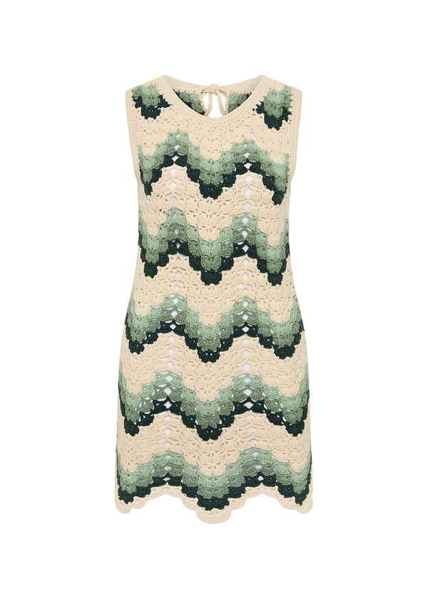 Elegant Jade Organic Cotton Crochet Mini Dress, Scalloped Design for Summer Leisure