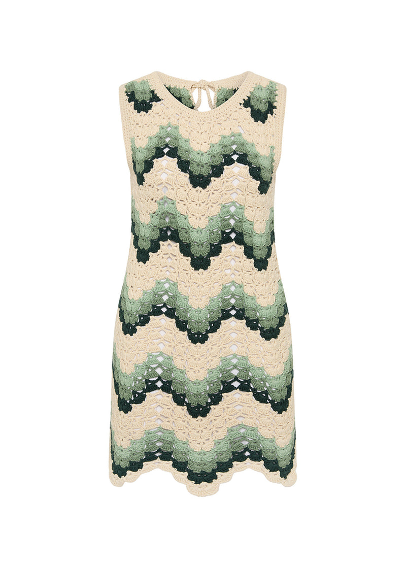 Elegant Jade Organic Cotton Crochet Mini Dress, Scalloped Design for Summer Leisure
