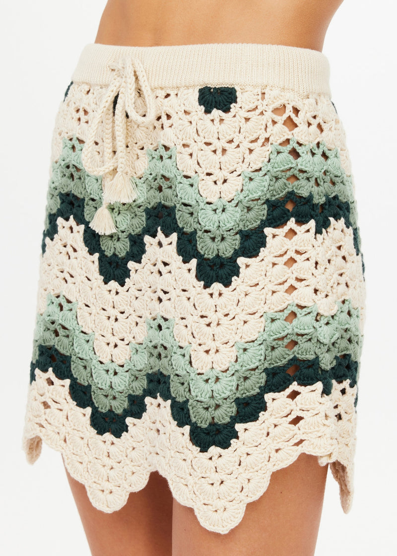 Tidal Hali Crochet Mini Skirt: Organic Cotton, Scalloped Jade & Cream Design
