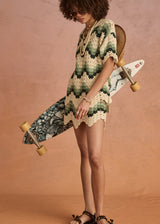 Tidal Hali Crochet Mini Skirt: Organic Cotton, Scalloped Jade & Cream Design