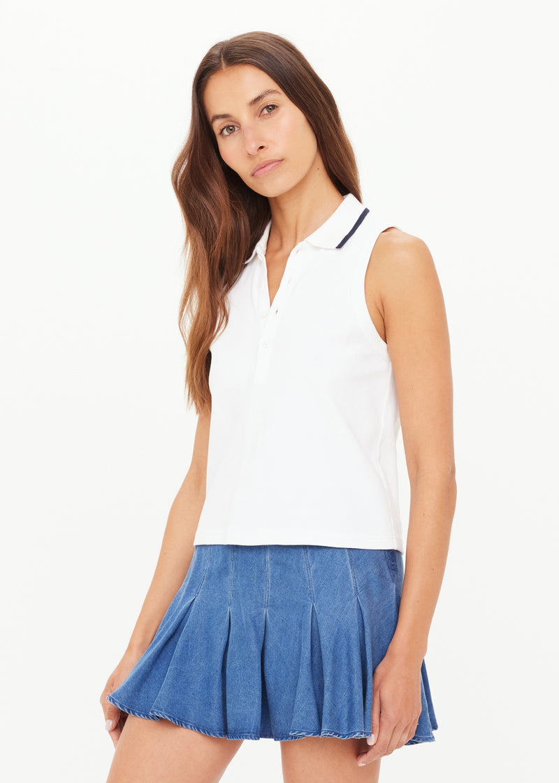 Women's Henri White Cotton Pique Collared Sleeveless Tennis Top