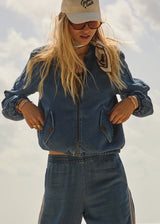 Women's Relaxed Fit Chambray Denim Bomber Jacket with Tortoiseshell Buttons