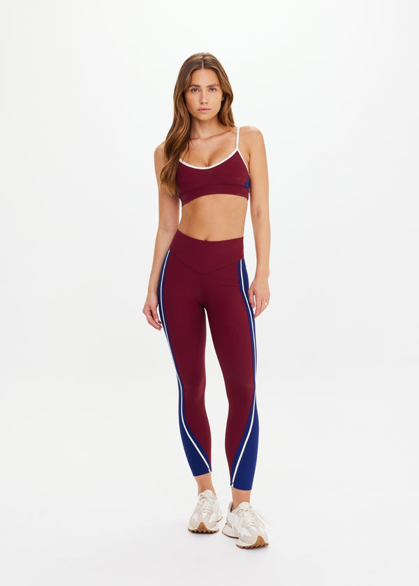 ADESA High-Rise 25-inch Midi Pant: Merlot Recycled Rib, Moisture-Wicking, V-Panel Waistband