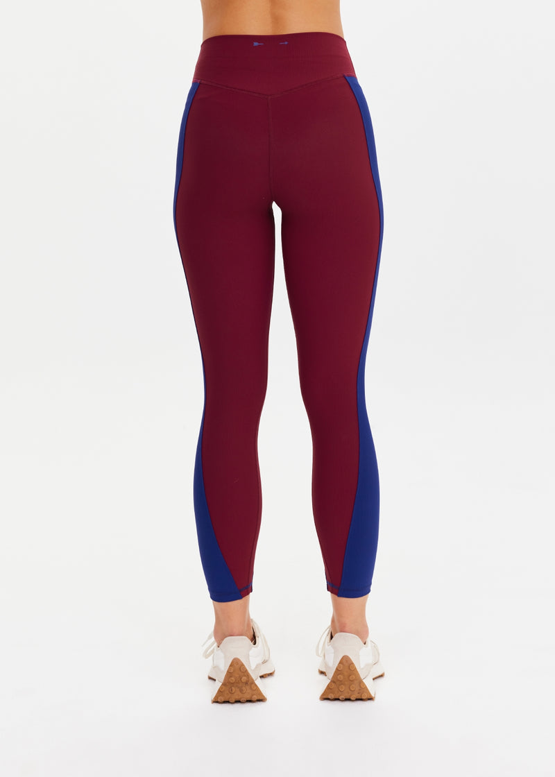 ADESA High-Rise 25-inch Midi Pant: Merlot Recycled Rib, Moisture-Wicking, V-Panel Waistband