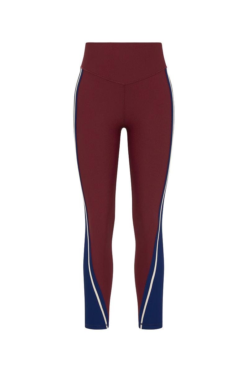 ADESA High-Rise 25-inch Midi Pant: Merlot Recycled Rib, Moisture-Wicking, V-Panel Waistband