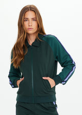 Elegant Maneki Pari Racing Green Zip Jacket with Striped Sleeves & Viscose Blend