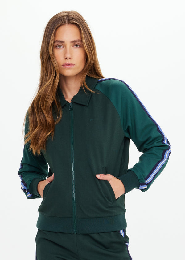 Elegant Maneki Pari Racing Green Zip Jacket with Striped Sleeves & Viscose Blend