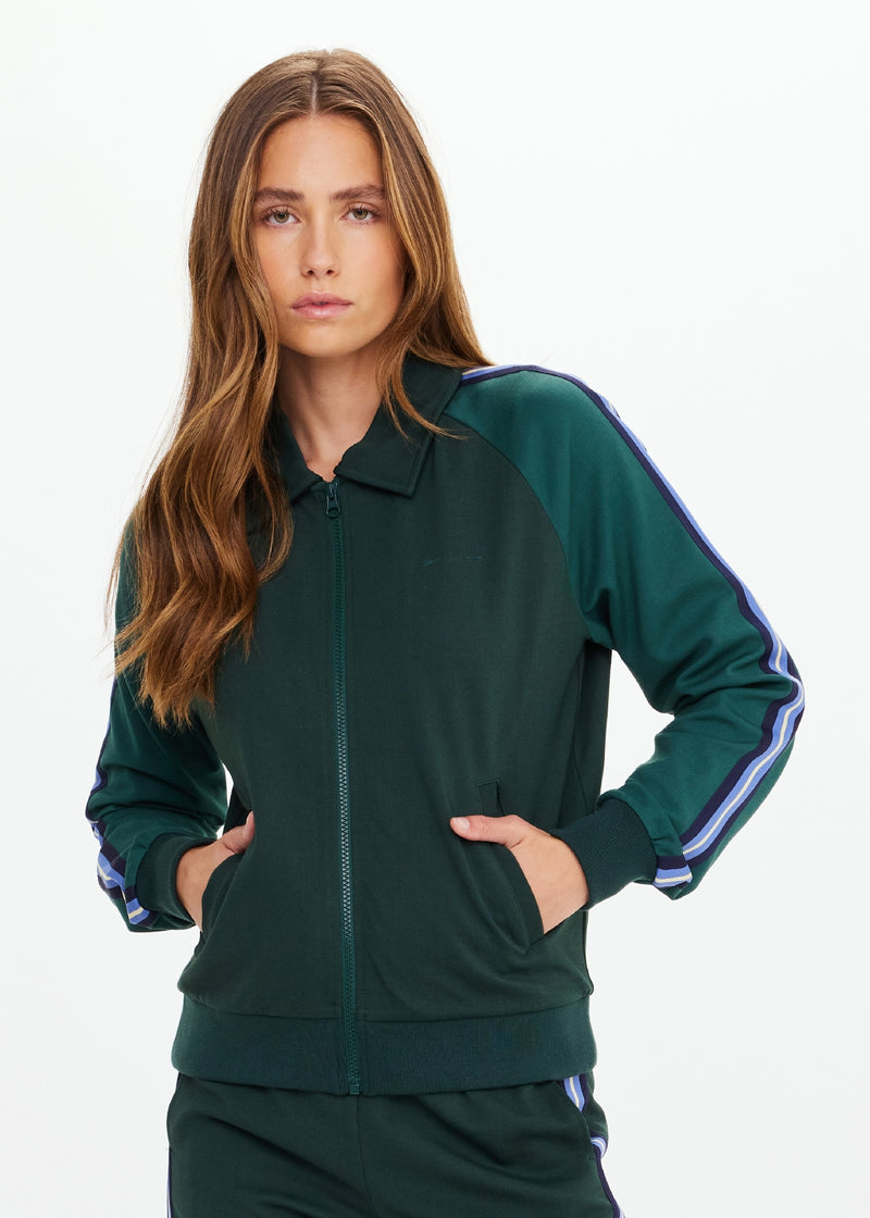 Elegant Maneki Pari Racing Green Zip Jacket with Striped Sleeves & Viscose Blend