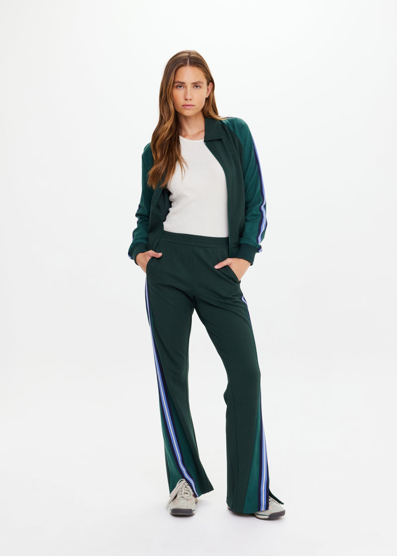 Women's Maneki Petra Flare Racing Green Pants: Eco-Viscose, Hem Splits, Taped Sides