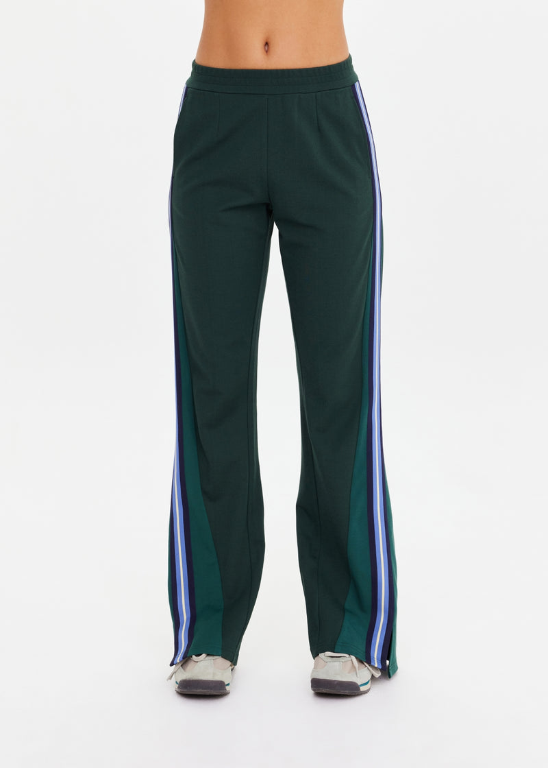 Women's Maneki Petra Flare Racing Green Pants: Eco-Viscose, Hem Splits, Taped Sides