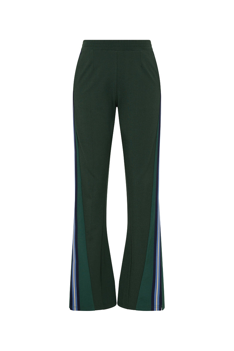Women's Maneki Petra Flare Racing Green Pants: Eco-Viscose, Hem Splits, Taped Sides