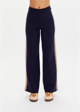 Women's Cosmo Freya Navy Organic Cotton Knit Pants with Chic Side Stripes