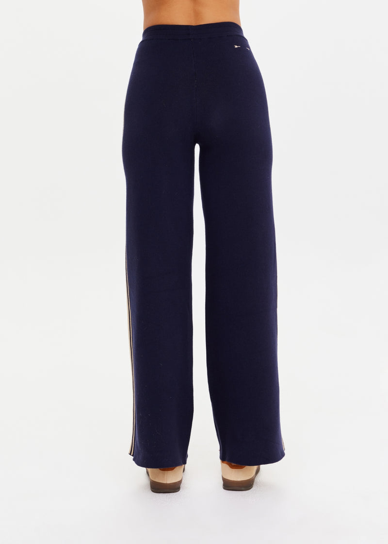 Women's Cosmo Freya Navy Organic Cotton Knit Pants with Chic Side Stripes