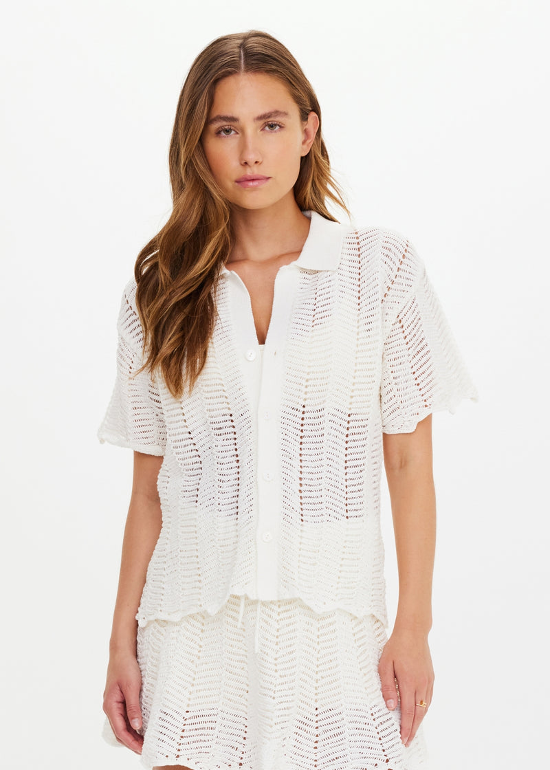 Agni Amayah Women's Relaxed Fit Cream Chevron Knit Shirt with Pearl Buttons