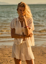 Agni Amayah Women's Relaxed Fit Cream Chevron Knit Shirt with Pearl Buttons