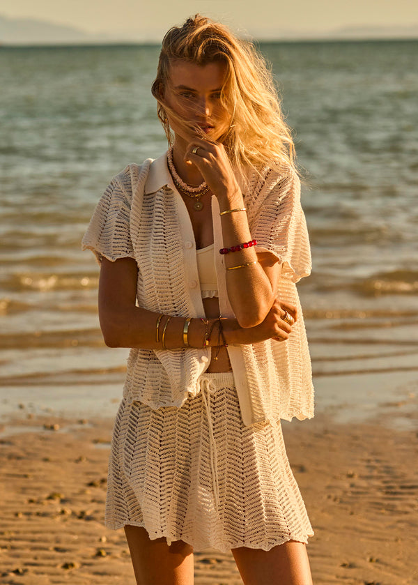 Agni Amayah Women's Relaxed Fit Cream Chevron Knit Shirt with Pearl Buttons