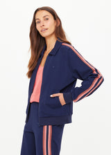 Women's Ananda Pari Navy Zip Jacket - Sporty Ribbed Cuffs Striped Sleeves Activewear