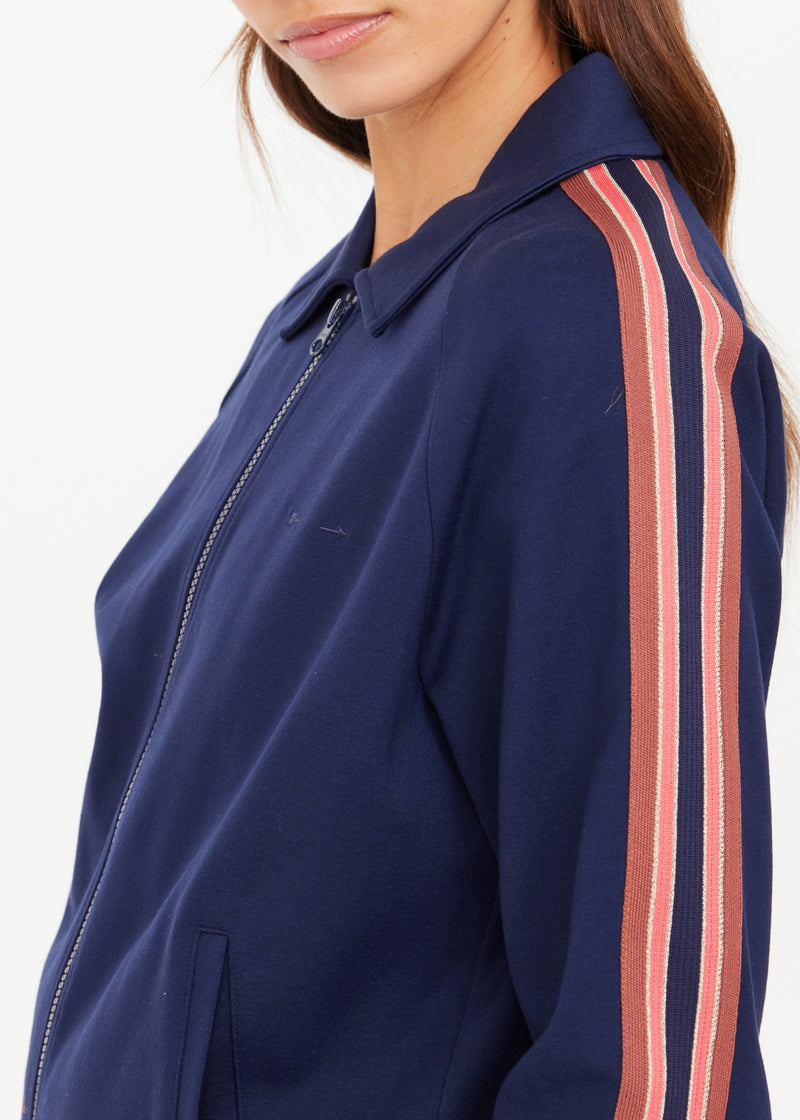 Women's Ananda Pari Navy Zip Jacket - Sporty Ribbed Cuffs Striped Sleeves Activewear