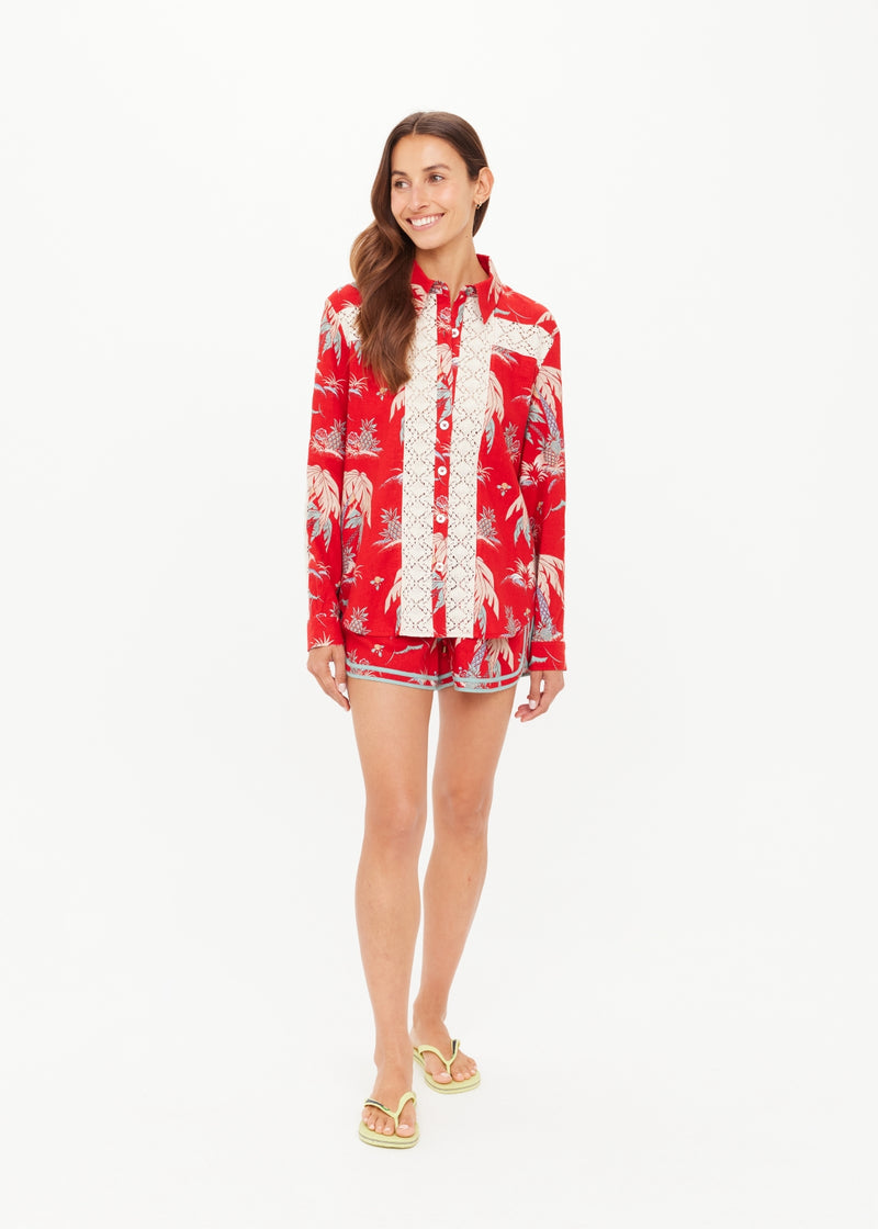 Women's Palma Bobbi Collared Shirt: Tropical Red Palm Print, Crochet Lace