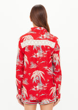 Women's Palma Bobbi Collared Shirt: Tropical Red Palm Print, Crochet Lace