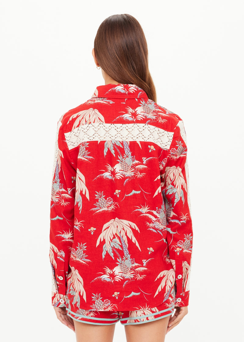Women's Palma Bobbi Collared Shirt: Tropical Red Palm Print, Crochet Lace