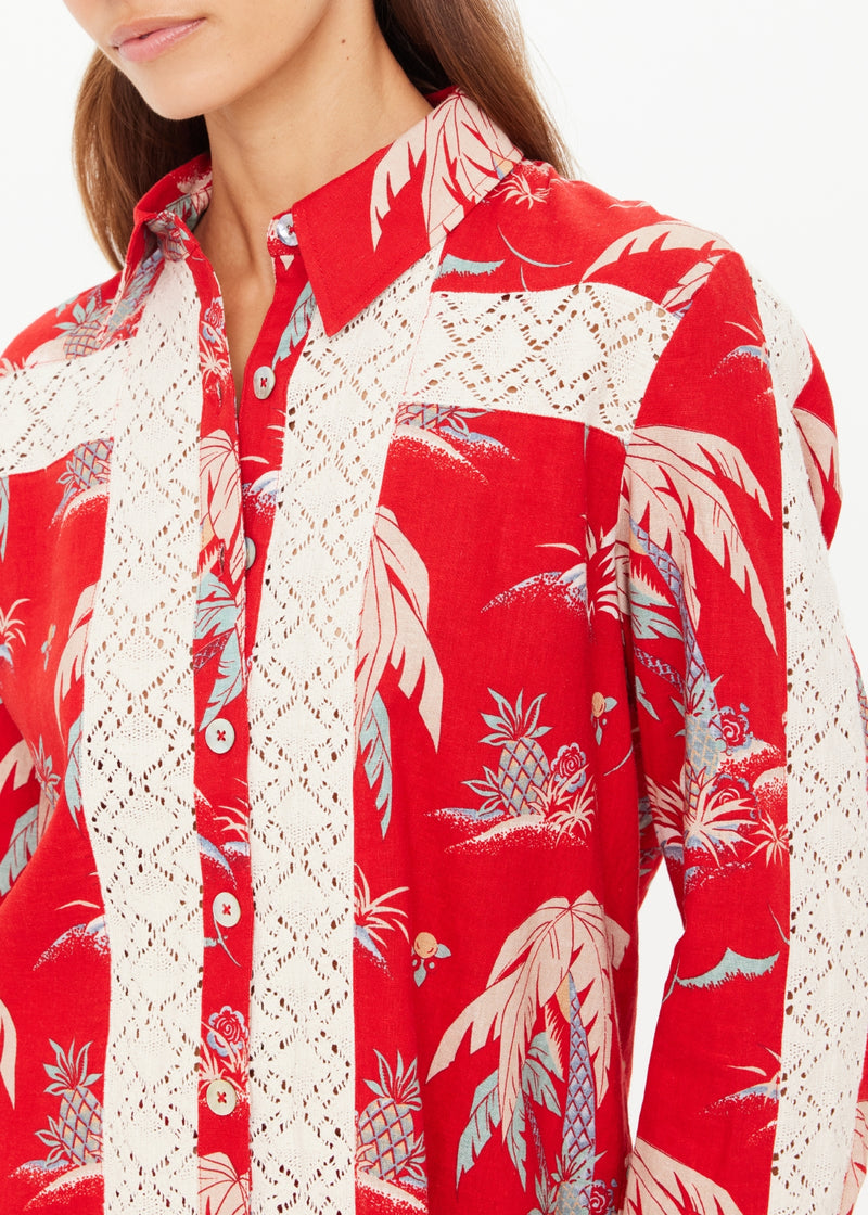 Women's Palma Bobbi Collared Shirt: Tropical Red Palm Print, Crochet Lace