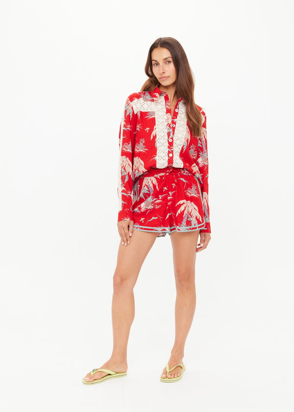 THE UPSIDE Women's Palma Klio Holiday Red Tropical Print Drawcord Shorts