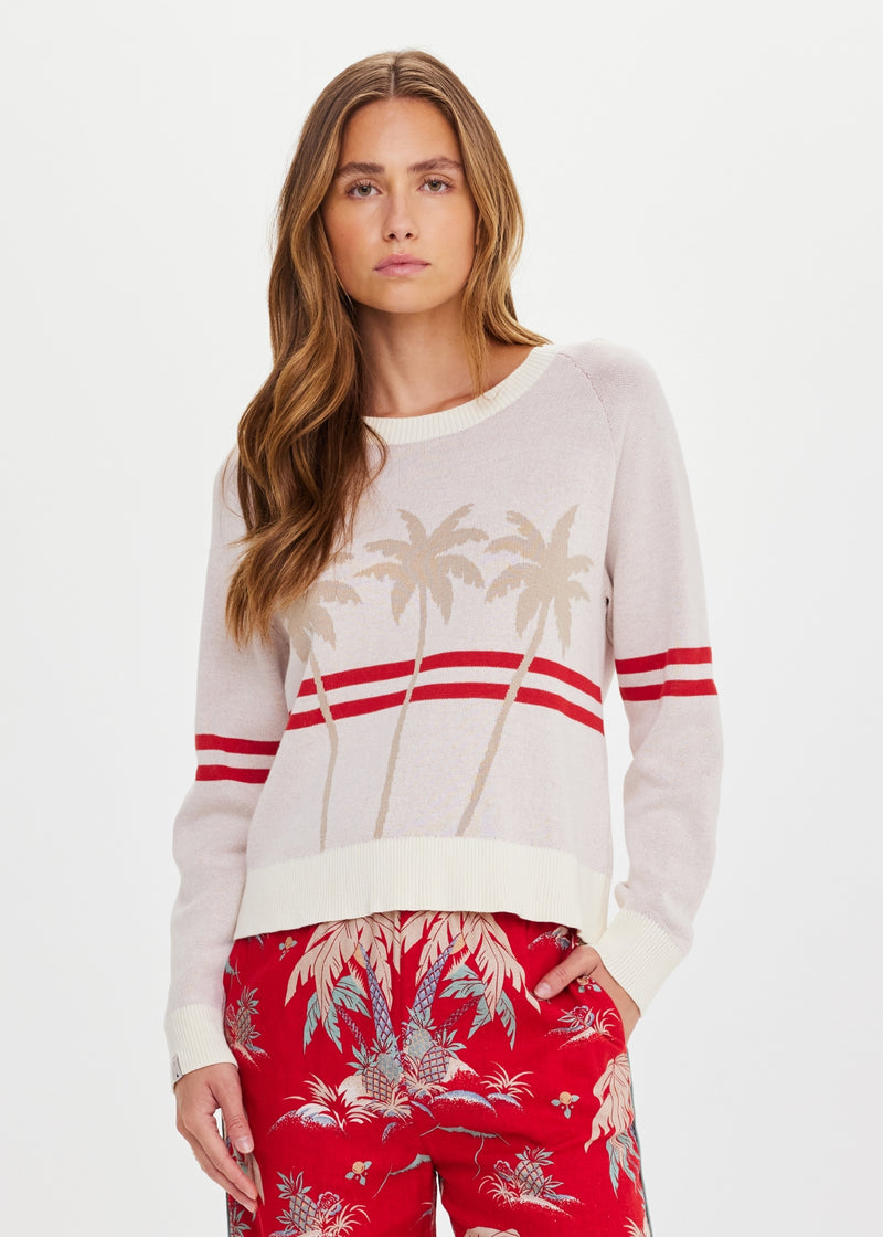 Women's Organic Cotton Palma Joni Knit Crew: Palm Tree Design & Red Stripes