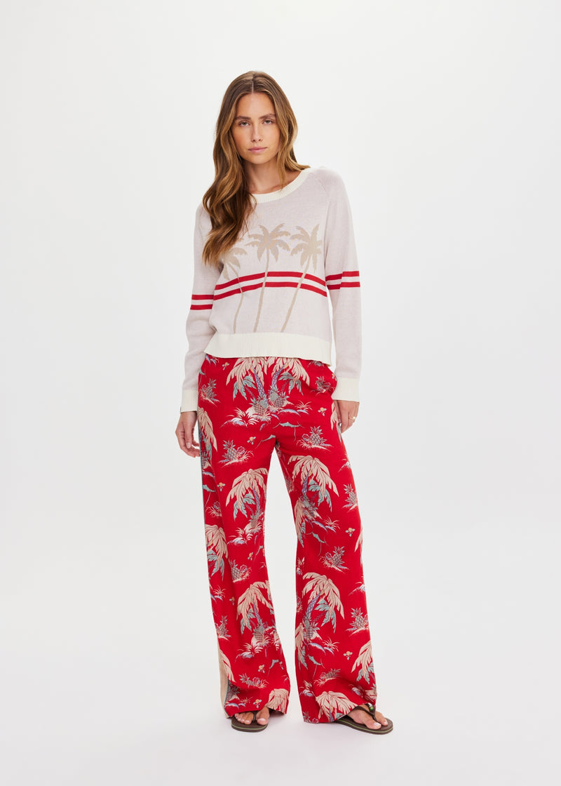 Women's Organic Cotton Palma Joni Knit Crew: Palm Tree Design & Red Stripes