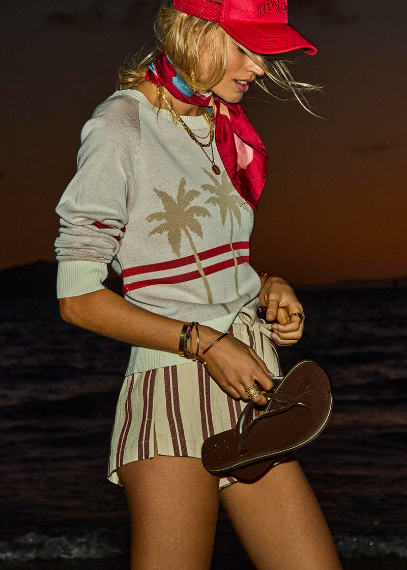 Women's Organic Cotton Palma Joni Knit Crew: Palm Tree Design & Red Stripes