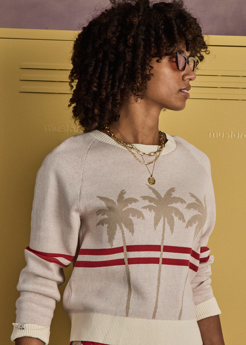 Women's Organic Cotton Palma Joni Knit Crew: Palm Tree Design & Red Stripes