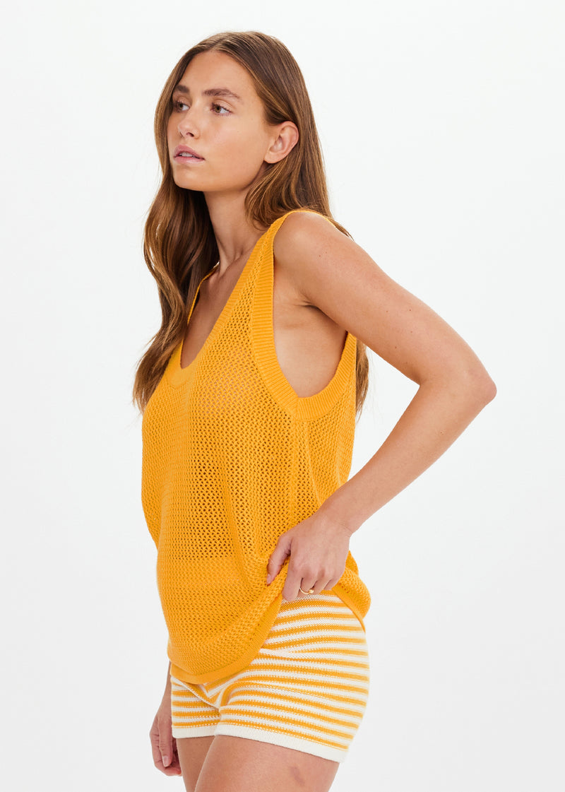 Mimosa Yellow Organic Cotton Relaxed Fit Open Knit Tank Top