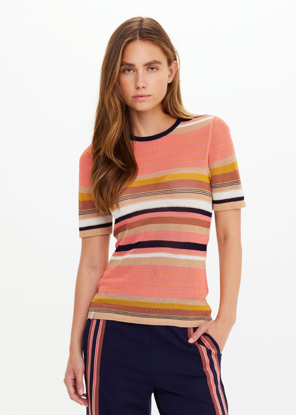THE UPSIDE Women's Slim Fit Stripe Knit Tee Top with Navy Contrast Neckline