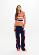 THE UPSIDE Women's Slim Fit Stripe Knit Tee Top with Navy Contrast Neckline
