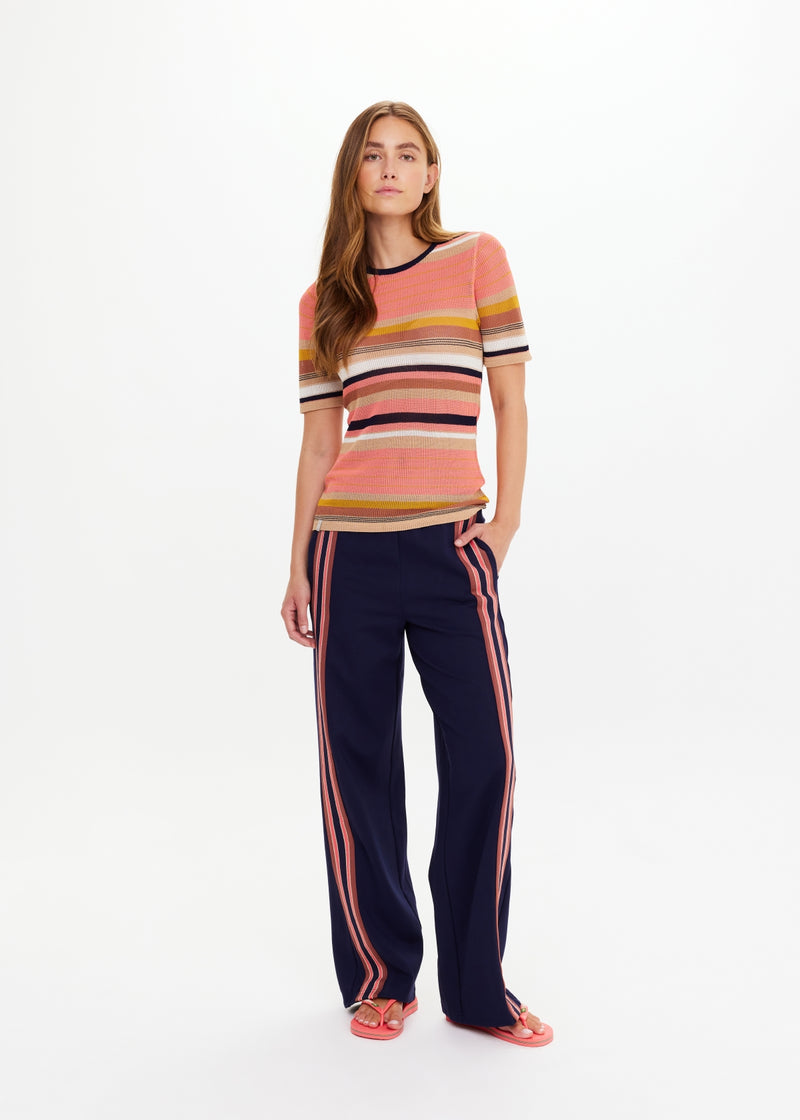 THE UPSIDE Women's Slim Fit Stripe Knit Tee Top with Navy Contrast Neckline