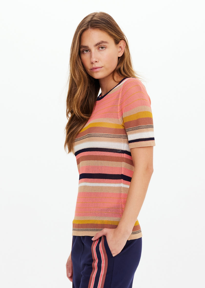 THE UPSIDE Women's Slim Fit Stripe Knit Tee Top with Navy Contrast Neckline