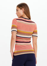 THE UPSIDE Women's Slim Fit Stripe Knit Tee Top with Navy Contrast Neckline
