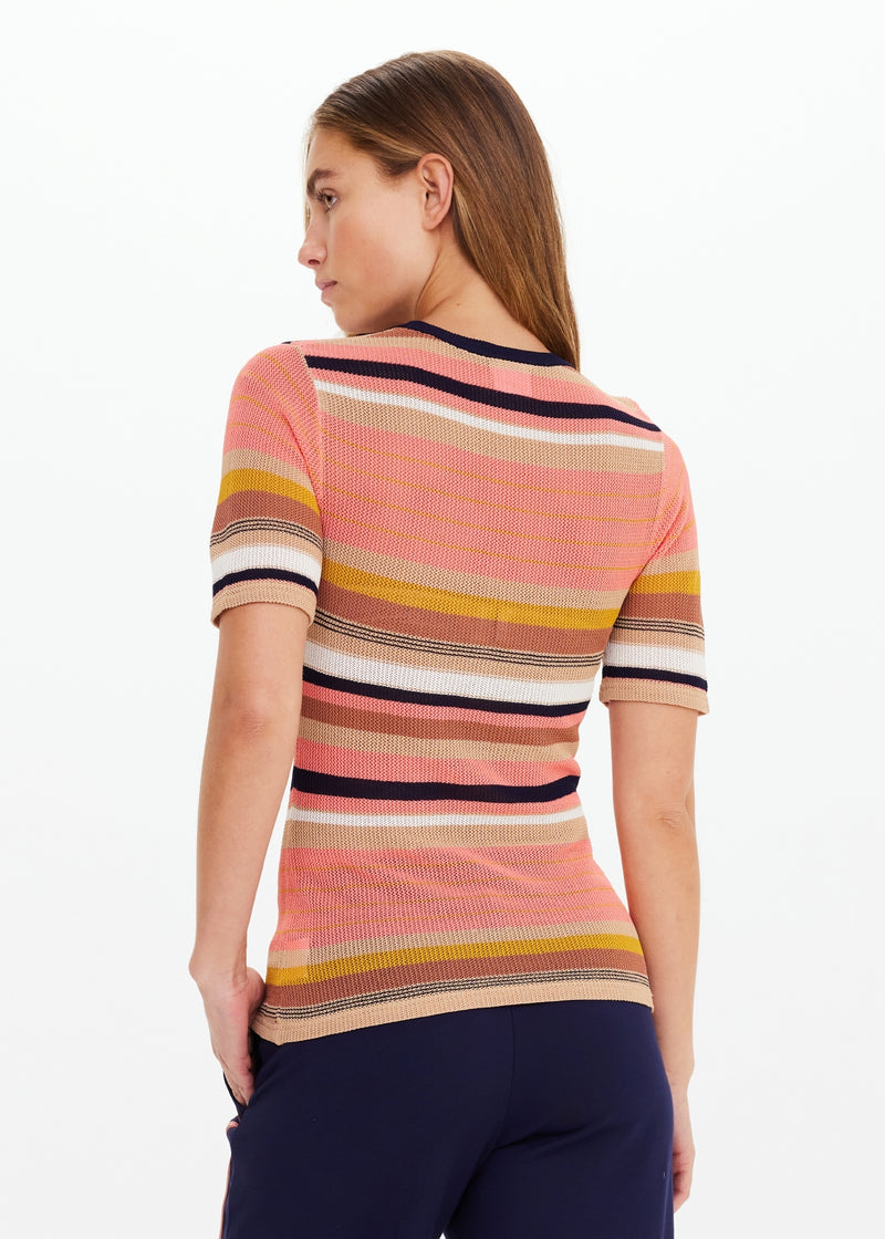 THE UPSIDE Women's Slim Fit Stripe Knit Tee Top with Navy Contrast Neckline