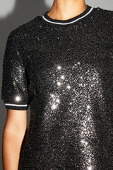 Luxurious Black Silver Sequin Poppy Blouse - Short Sleeve, Comfortable, Made in Italy