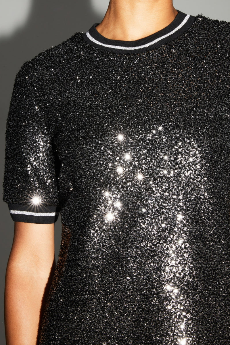 Luxurious Black Silver Sequin Poppy Blouse - Short Sleeve, Comfortable, Made in Italy